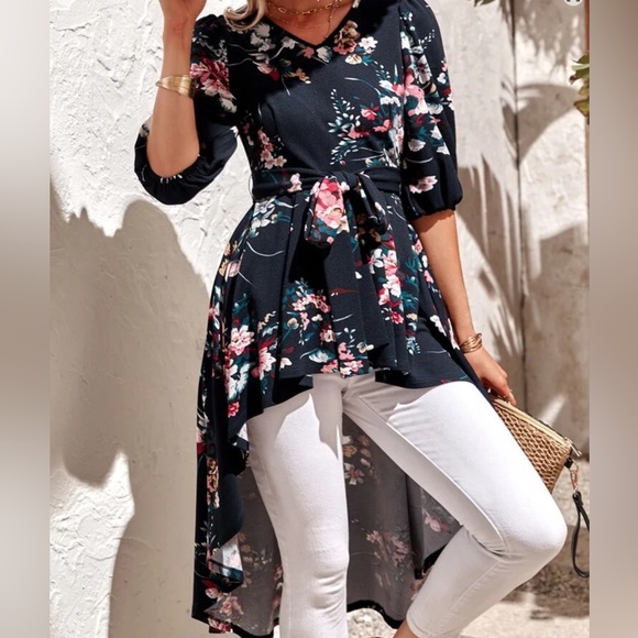 Floral Print Lantern Sleeve High Low Belted Tee - Picture 2 of 3